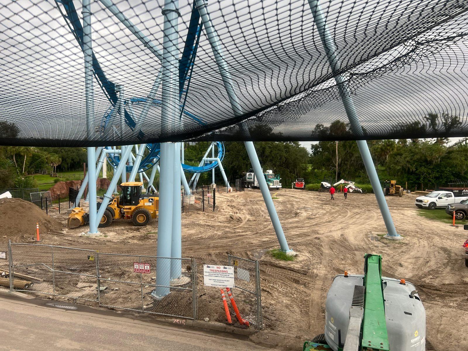During: Black knotted net hung overhead beneath the coaster track. Overhead Netting at Busch Gardens Tampa Bay