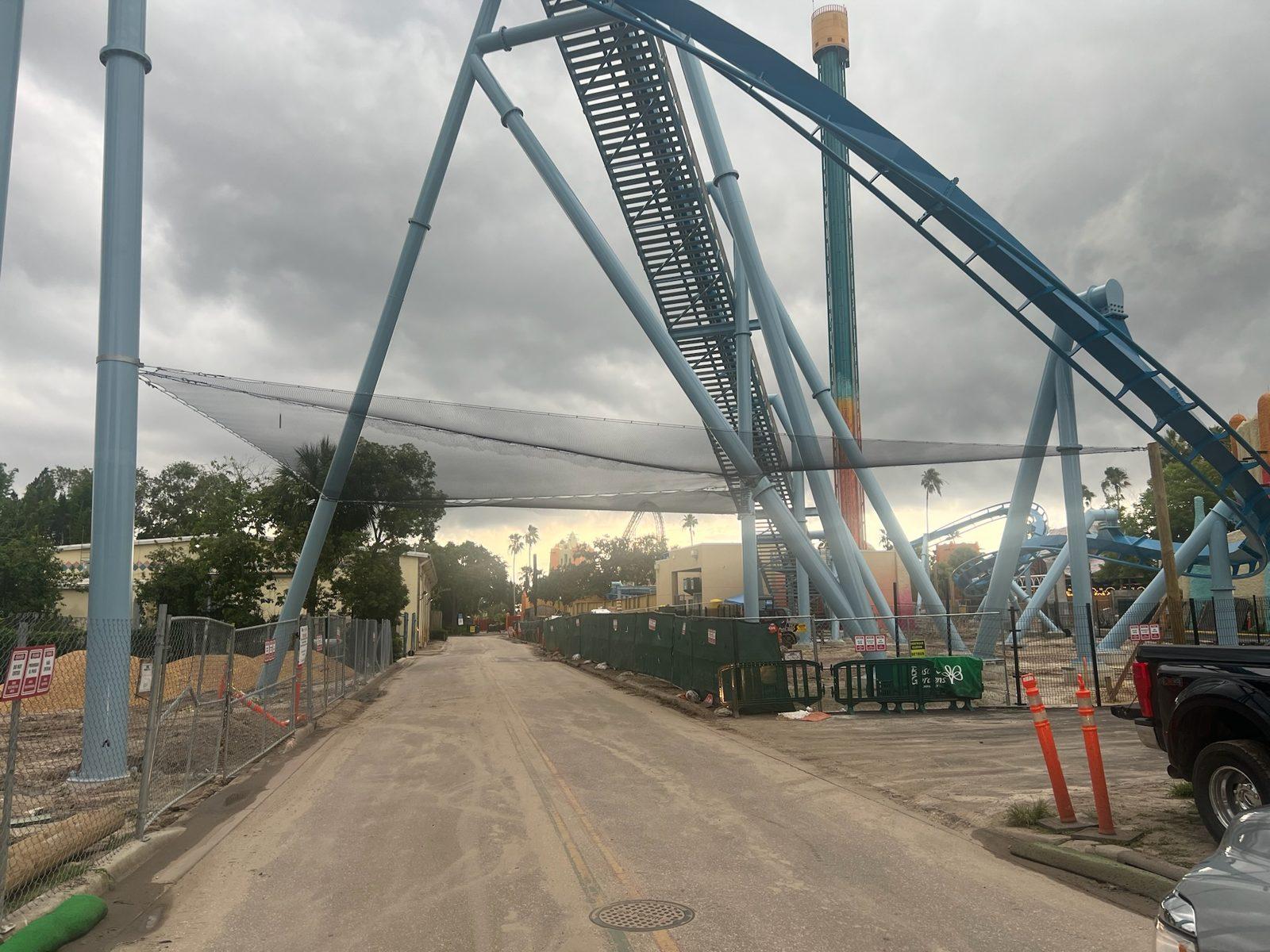 After: Overhead net spanning the roadway beneath the coaster. Overhead Netting at Busch Gardens Tampa Bay