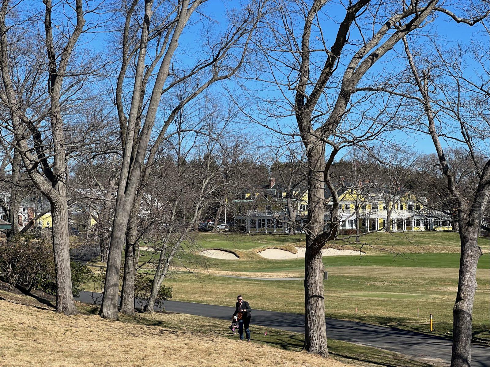 Before: Site walk: the wooded edge of the course with the clubhouse beyond, no poles yet. Golf Course Netting at The Country Club, Brookline