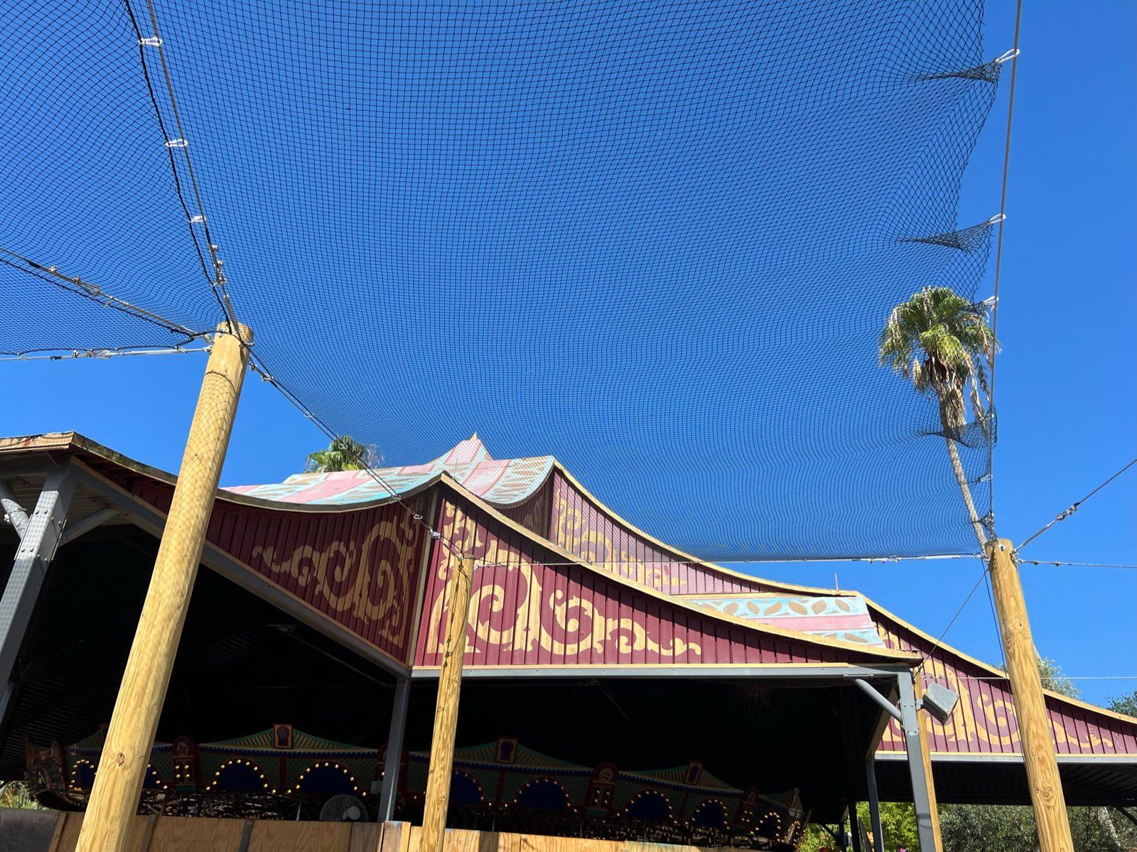 During: Wire rope rigging strung between coaster support columns before the net goes up. Overhead Netting at Busch Gardens Tampa Bay
