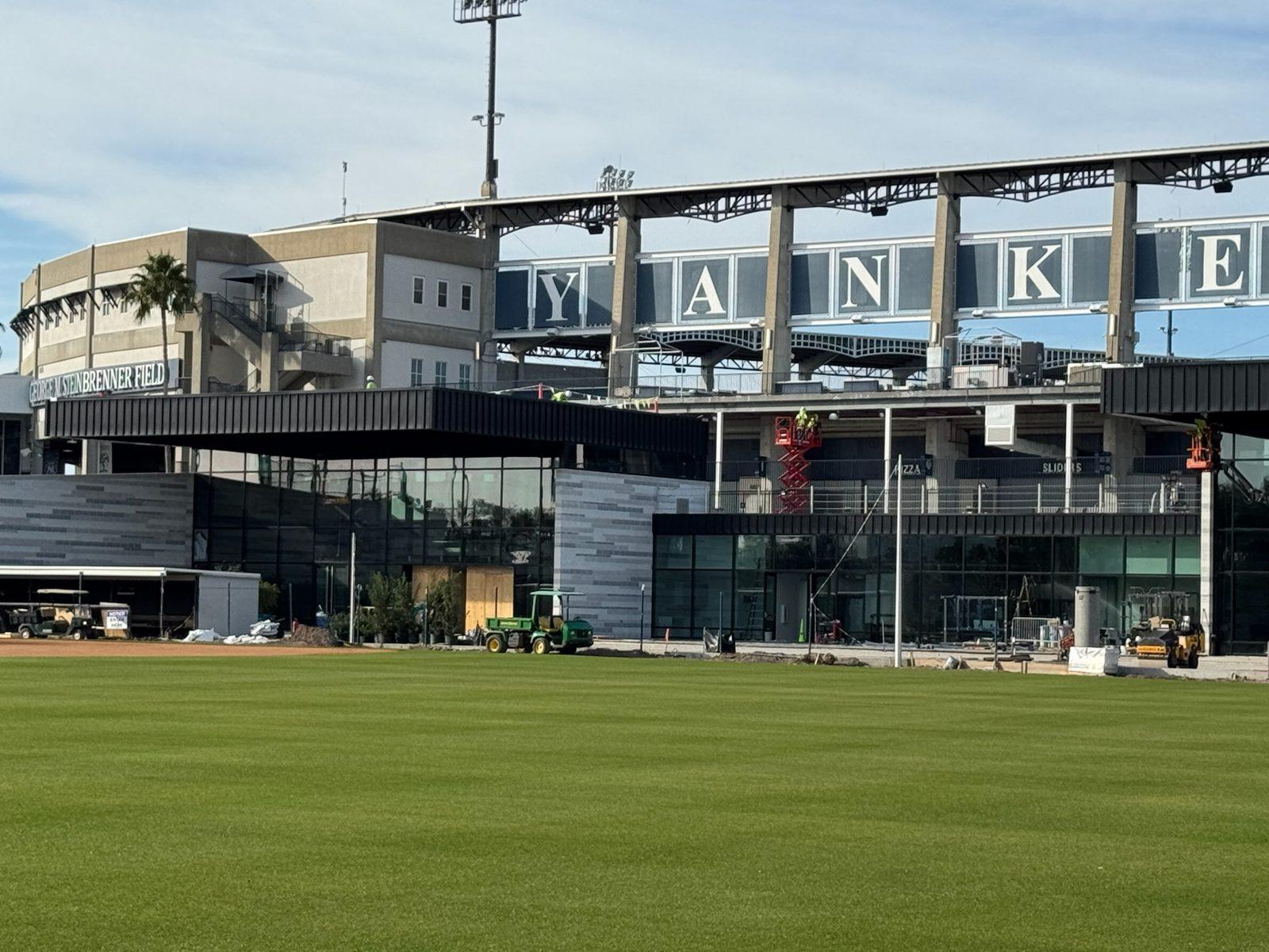 Before: Main ballpark field on the pre-job site visit. Pole Setting at George M. Steinbrenner Field in Tampa